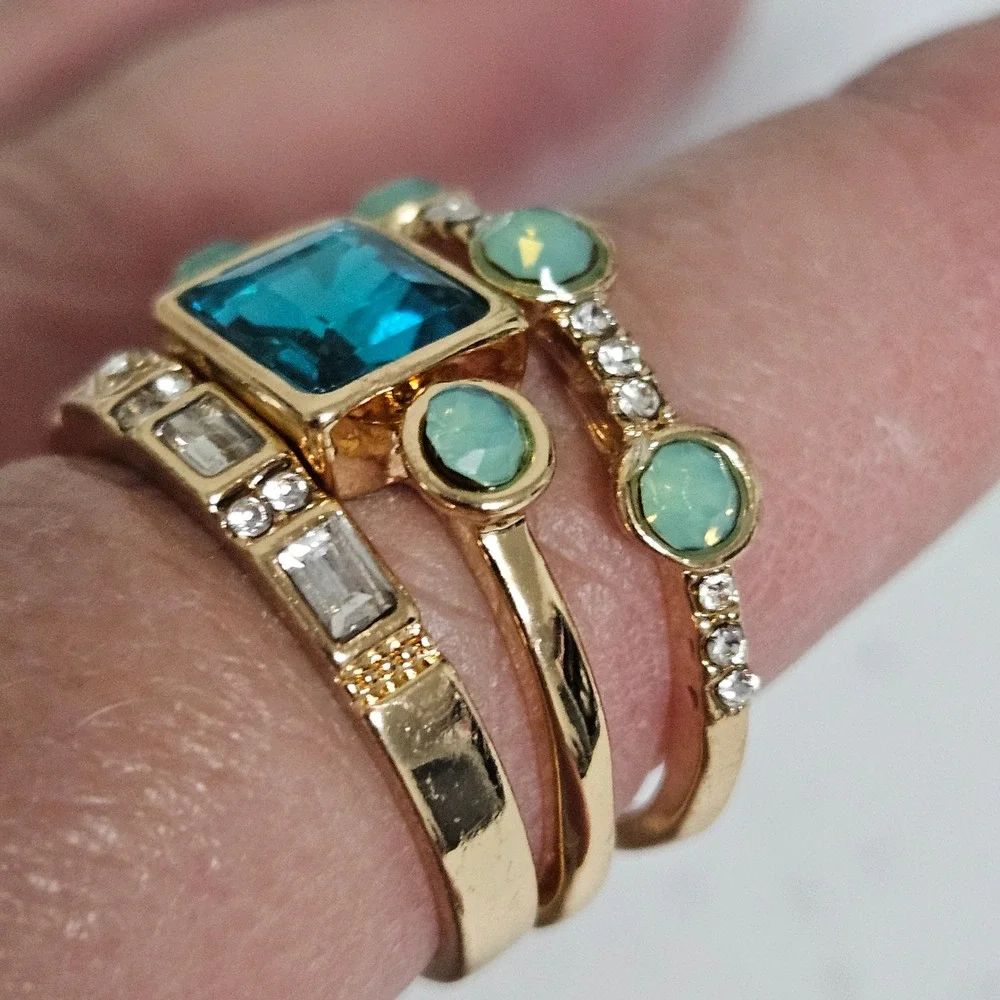 Bohemian Gold Teal Mint Stackable Crystal Baguette Statement Ring Set Womens‎ 8
